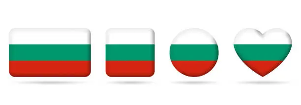 Vector illustration of Bulgaria flag icon or badge set. Bulgarian square, heart and circle national symbol or banner. Vector illustration.