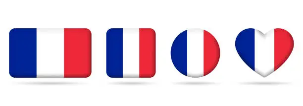 Vector illustration of France flag icon or badge set. French square, heart and circle national symbol or banner. Vector illustration.