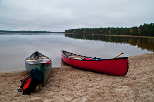 Canoes at a lake in North-Karelia, Finland