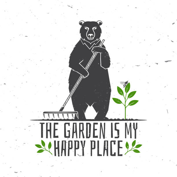 The garden is my happy place emblem, label, badge, logo. Vector illustration. For sign, patch, shirt design bear with rake, seedlings, bee, gardening equipment silhouette. Monochrome style
