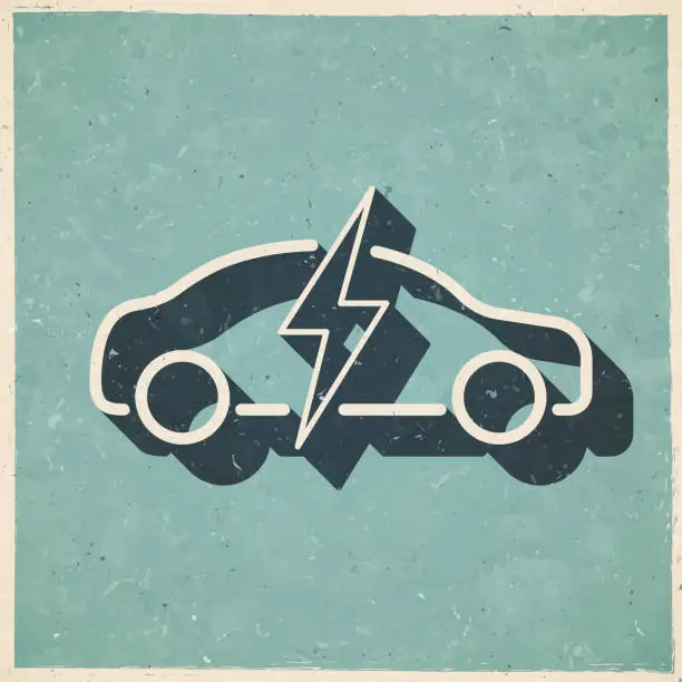 Vector illustration of Electric car in charge. Icon in retro vintage style - Old textured paper