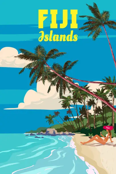 Vector illustration of Travel poster Fiji tropical islands resort vintage