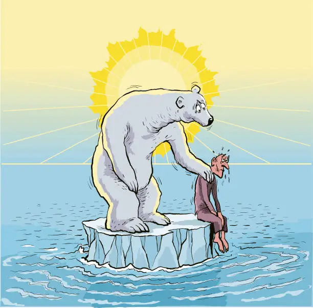 Vector illustration of global warming, climate change polar bears and humans