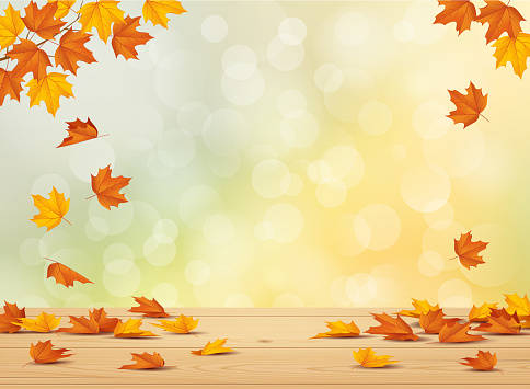 Autumn leaf background with falling leaves on wooden table. Vector illustration.