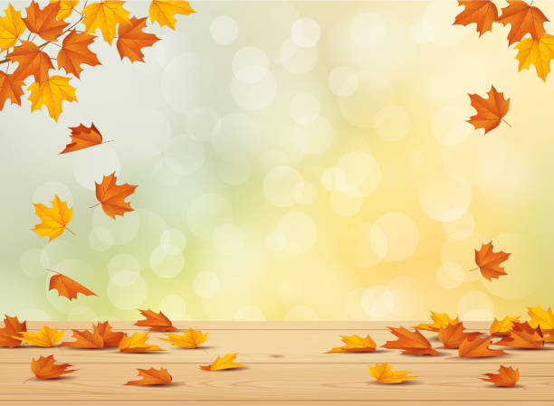 Autumn leaf background Autumn leaf background with falling leaves on wooden table. Vector illustration. autumn stock illustrations