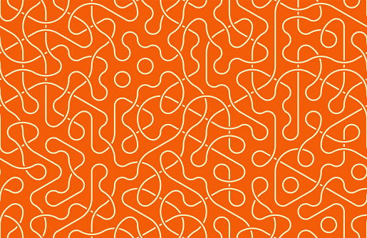 Seamless pattern of woven lines on orange background. Hexagonal Truchet, creative coding computational design.