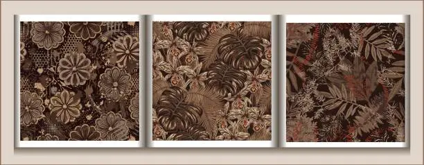 Vector illustration of Seamless brown camouflage patterns with nature elements. Floral motifs with leaves, flowers, abstract shapes. For apparel, fabric, textile, sport good design.