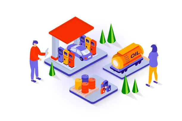 Vector illustration of Oil industry concept in 3d isometric design. People at petrol filling station refueling car, workers transporting benzin and storage in barrels. Vector illustration with isometry scene for web graphic