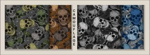 Vector illustration of Camouflage seamless patterns with human skulls, mechanism with gears, bike chain. Dark scary gothic illustration in steampunk style. For apparel, fabric, textile, sport goods.