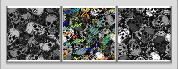 Vector illustration of Black camouflage patterns with mechanism with gears, bike chain, human skull with single red eye. Dark scary gothic illustration in steampunk style. For apparel, fabric, textile, sport goods.
