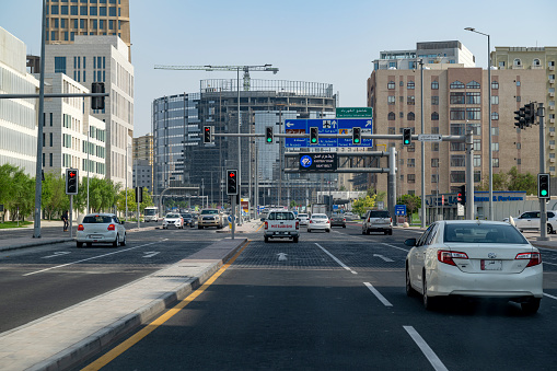 Doha, Qatar - August 13, 2023: Doha Road and traffic signs on road. selective focus.