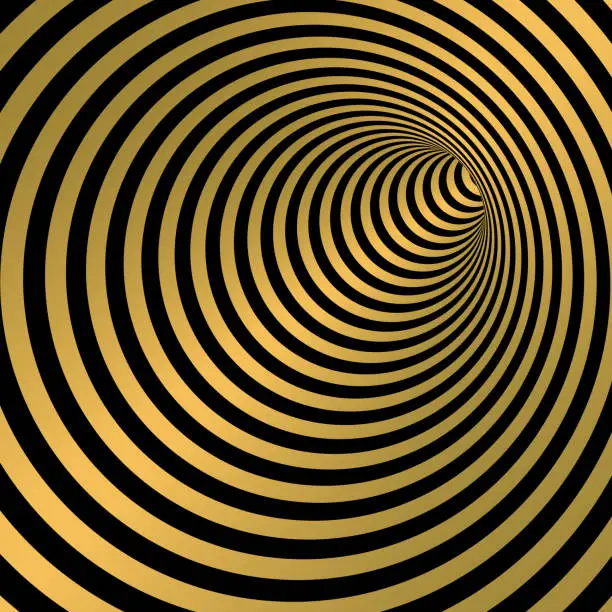 Vector illustration of Striped golden and black circular tunnel turning. 3D Vector