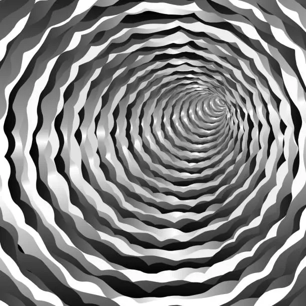 Vector illustration of Uneven striped circular tunnel into infinity. 3D Vector