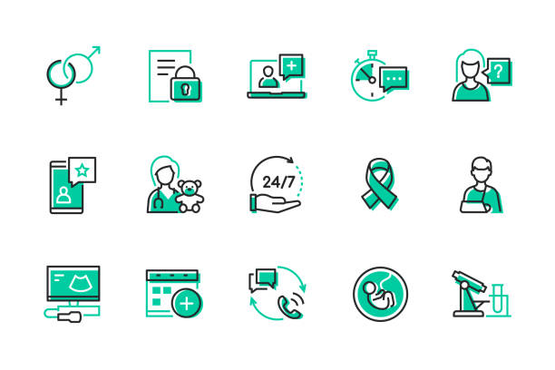 Adult and childhood diseases - set of line design style icons vector art illustration