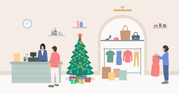 istock Fashion Boutique Interior With Christmas Tree, Gift Boxes, Hanging Clothes, Shoes, Bags And Beauty Products. Young Woman Choosing Dress, Female Cashier Working At Checkout And Male Customer Buying Clothes 1616336171
