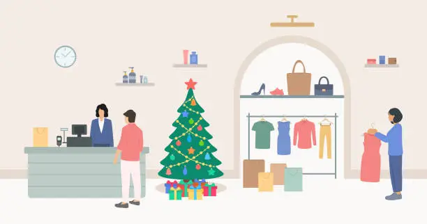 Vector illustration of Fashion Boutique Interior With Christmas Tree, Gift Boxes, Hanging Clothes, Shoes, Bags And Beauty Products. Young Woman Choosing Dress, Female Cashier Working At Checkout And Male Customer Buying Clothes