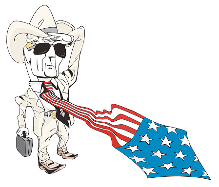 Vector American businessman from Texas in a cowboy suit, fedora and American flag tie
