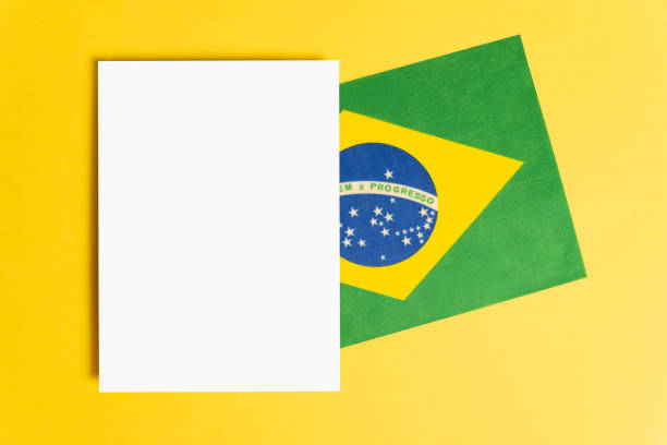 istock Top view on Brazil white blank sheet of paper for copy space. Flat lay composition. Independence day 1616342599