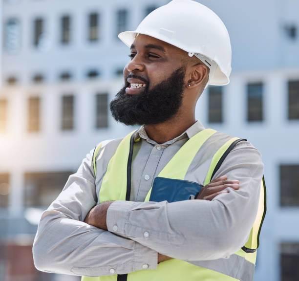 istock Outdoor, engineer and black man with arms crossed, thinking and planning with problem solving, helmet and inspection. Engineering, manager or architect with ideas,  development or project management 1616344127