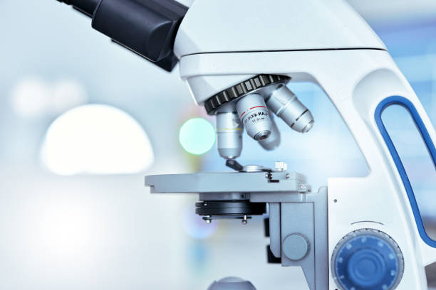 istock Microscope, science and medical with research, analysis and sample with testing, cure and diagnosis. Lab equipment, tools and studying bacteria with healthcare innovation, lens and virus experiment 1616389286