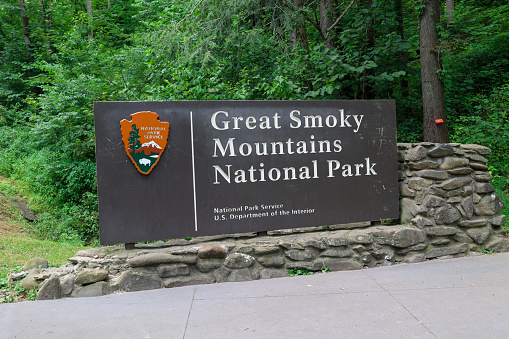 Gatlinburg, Tennessee, USA - August 2, 2023:   Great Smoky Mountains National Park Entrance Sign in Gatlinburg, Tennessee