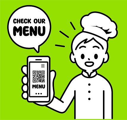 Minimalist Style Characters Designs Vector Art Illustration.
A chef boy is showing a QR code on a smartphone screen, looking at the viewer, minimalist style, black and white outline.