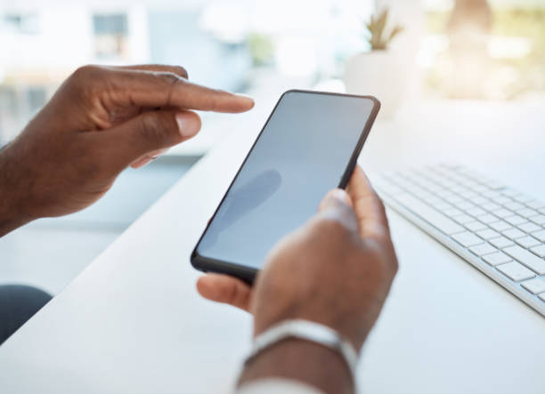 istock Business, hands and mockup with a smartphone, screen and typing with network, connection and email. Closeup, cellphone and mobile app with internet search, online banking and chatting with a contact 1616400427