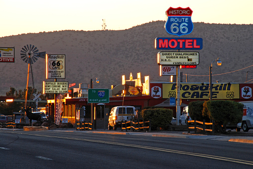 Seligman, AZ, 009-17-2011\nold-fashioned commercial signs on Main Street  -Route 66 in Seligman
