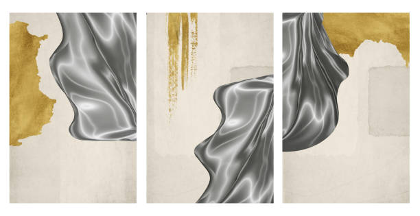 istock 3d modern wall poster art. golden shapes and silver silk on light background. modern wall artwork 1616401177