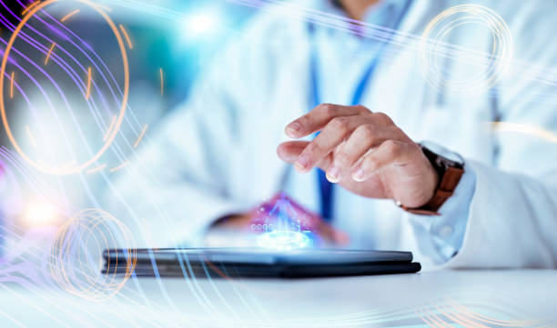 istock Science, hand and tablet with hologram in laboratory with typing, data and 3d human body for pharma development. Medical person, digital touchscreen and studying with holographic overlay for anatomy 1616401189
