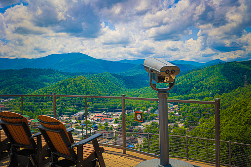 coin-operated viewing telescopes with a view of the Smokey Mountains in downtown Gatlinburg, Tennessee