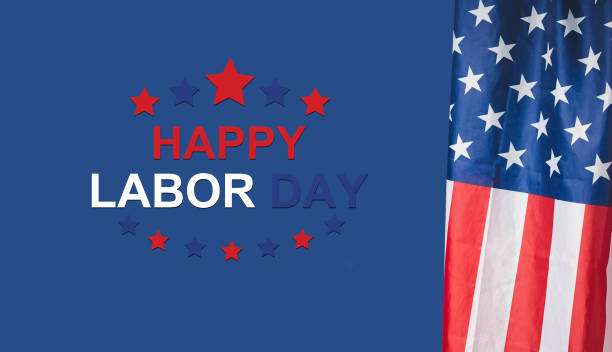 istock Happy Labor Day text and American Flag on a blue background 1616417497