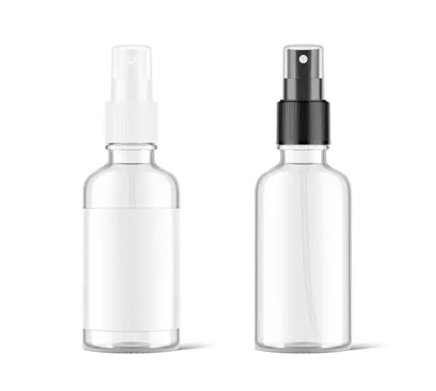 Vector illustration of Realistic spray glass bottles mockup with white and black caps. Vector illustration isolated on white background.