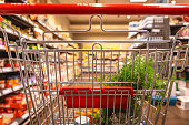 Shopping cart in the supermarket with groceries - Stock photo