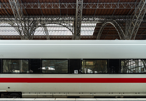 Close-up of passenger train at Leipzig Hauptbahnhof, Germany Leipzig Hauptbahnhof