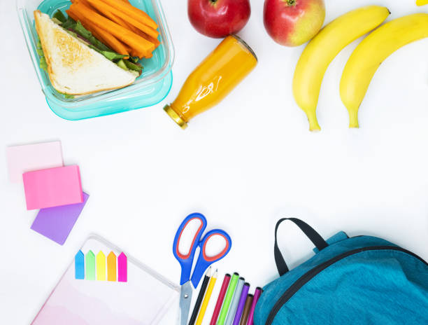 istock Stationery, backpack, food on a white background 1616452436