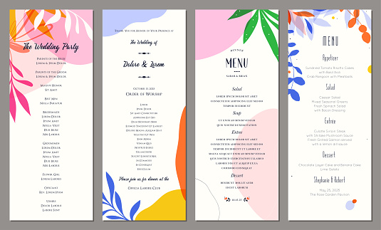 Wedding and restaurant menu. Bright and colorful art templates. Good for poster, greeting card, invitation, flyer, banner, brochure, email header, post in social networks, advertising, events and page cover.