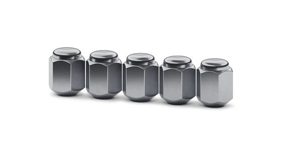 Row of 5 lug nuts isolated on white background