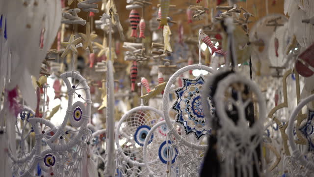 Knitted dreamcatcher, Nazar amulets in a Turkish souvenir shop