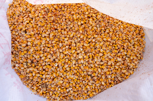 overhead view of bags with grains and pellets for sale at the forage