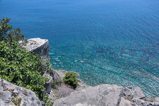 High angle view on the blue sea water from the cliff.