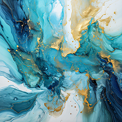 Abstract visual of blue marble style painting with glitter gold veins on a white background