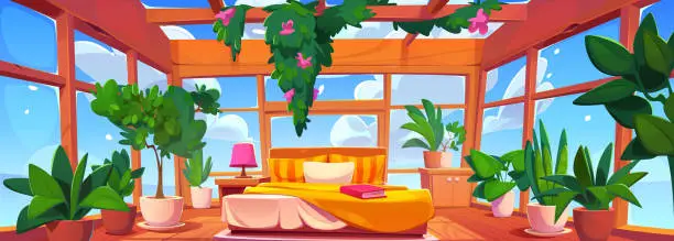 Vector illustration of Interior of room with windows and glass ceiling