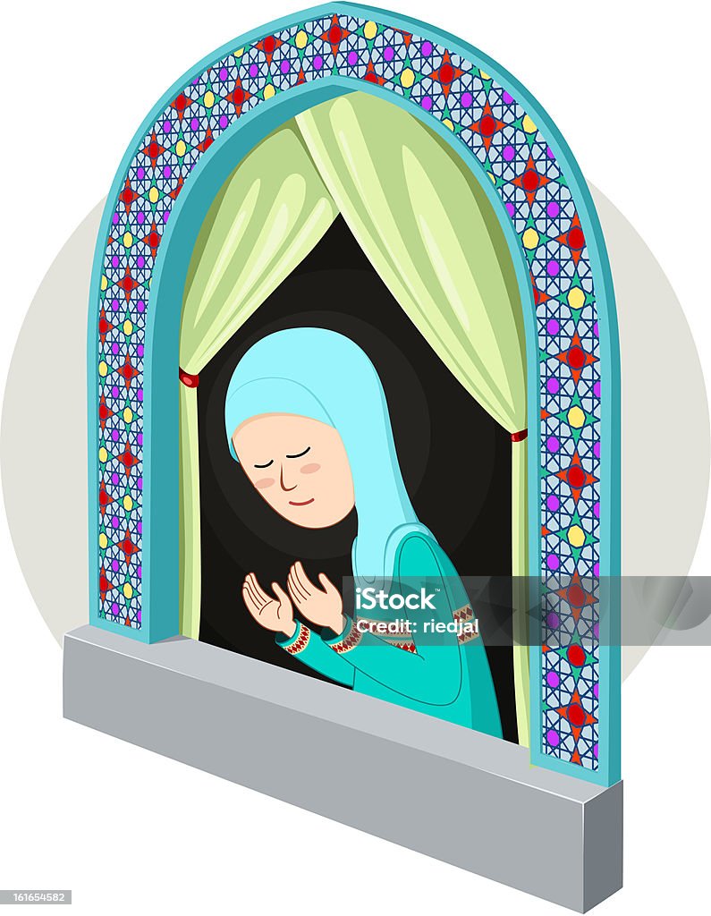 Arabe et musulman fille à prier dans la fenêtre - clipart vectoriel de Adolescent libre de droits