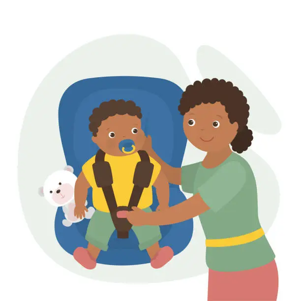 Vector illustration of Mother put cute little boy on car seat and fasten belt lock, safety car transportation of small kids. Baby on board. Child safe and comfortable drive in car. African american family travel.