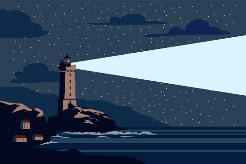 Lighthouse tower on island in sea, ocean with ray of light. Signal building, beacon on rock cliff, seascape. Vector banner flat cartoon style