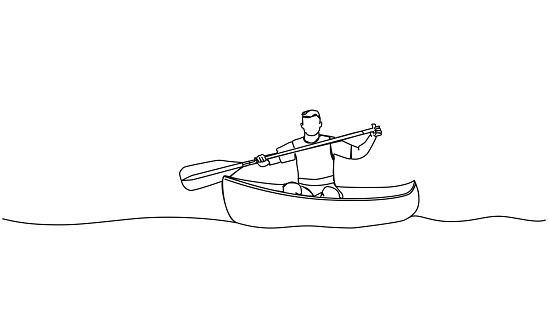 continuous single line drawing of man in canoe on lake or river, canoeing line art vector illustration