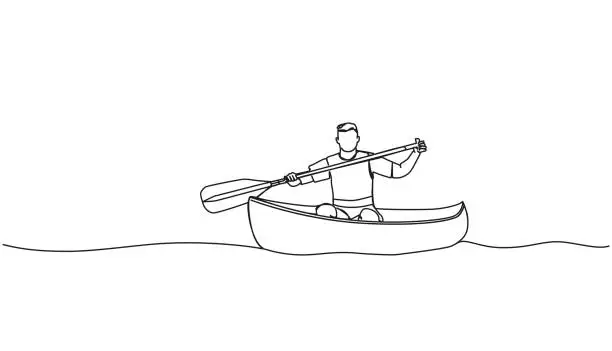 Vector illustration of single line drawing of man in canoe on lake or river