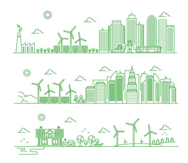 ilustrações de stock, clip art, desenhos animados e ícones de eco city landscape outline panoramic concept - factory environment city environmental conservation