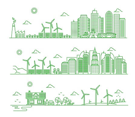 Eco city landscape outline panoramic concept. Sustainable future infrastructure, alternative and renewable energy sources, electrical power generation and clean environment thin line background